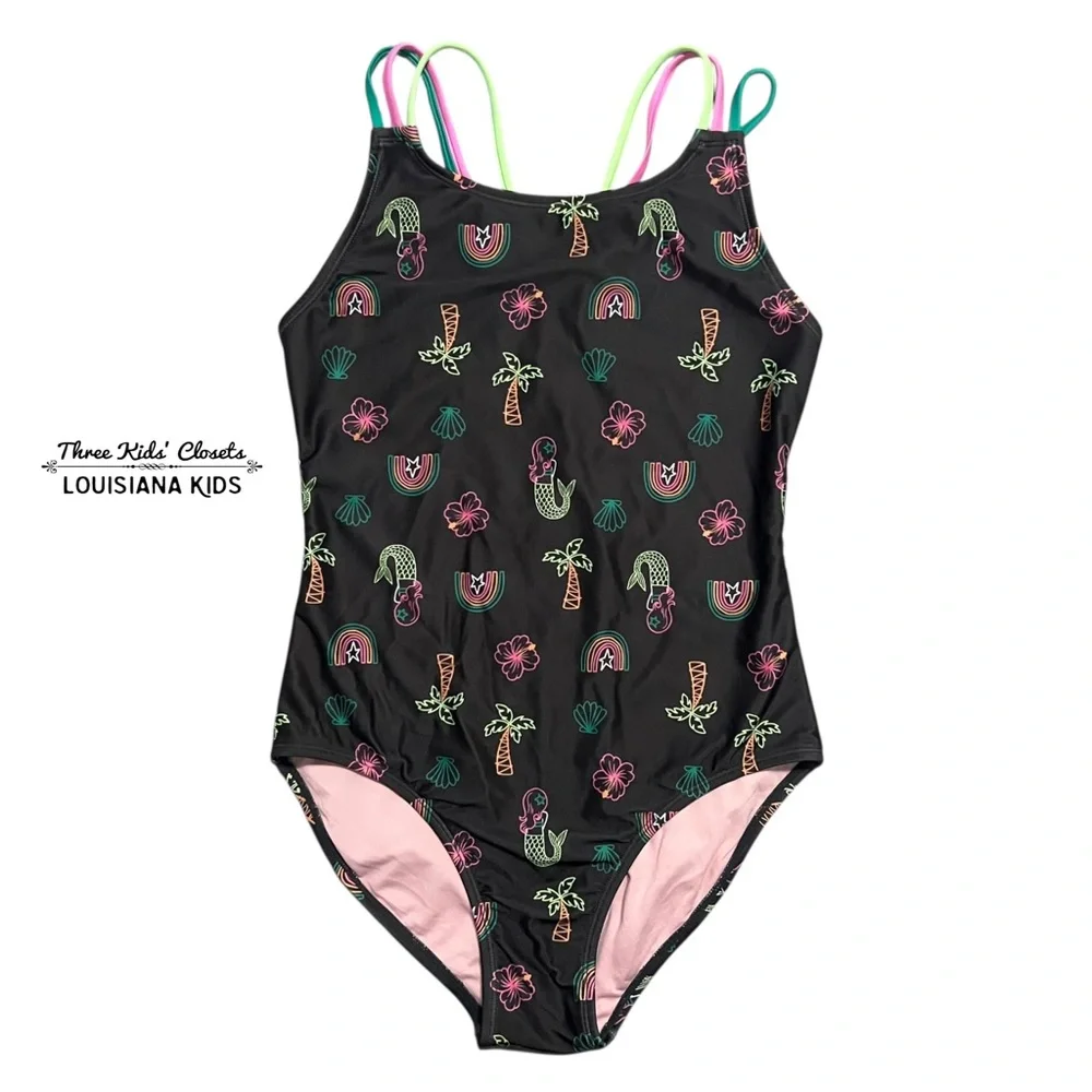 Cat & Jack XL (14/16) Black & Neon Print One Piece Swimsuit